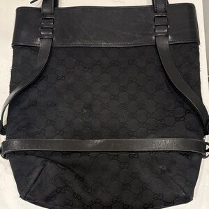 Authentic Gucci Black GG Canvas Tote Bag with Leather Trim